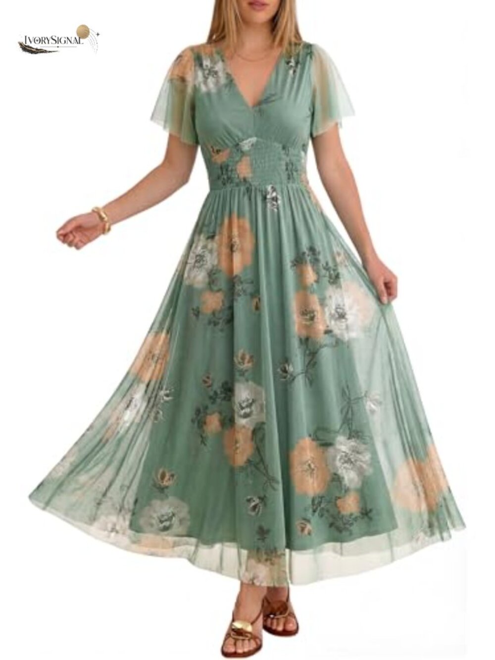 Women's Floral Tulle Maxi Dress Short Sleeve V-Neck Wedding Guest